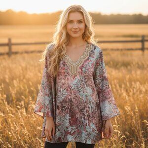 Susan Graver 1X Tunic Top Artisan Teal Pink Beaded Bell Sleeve Boho Chic Mod Art